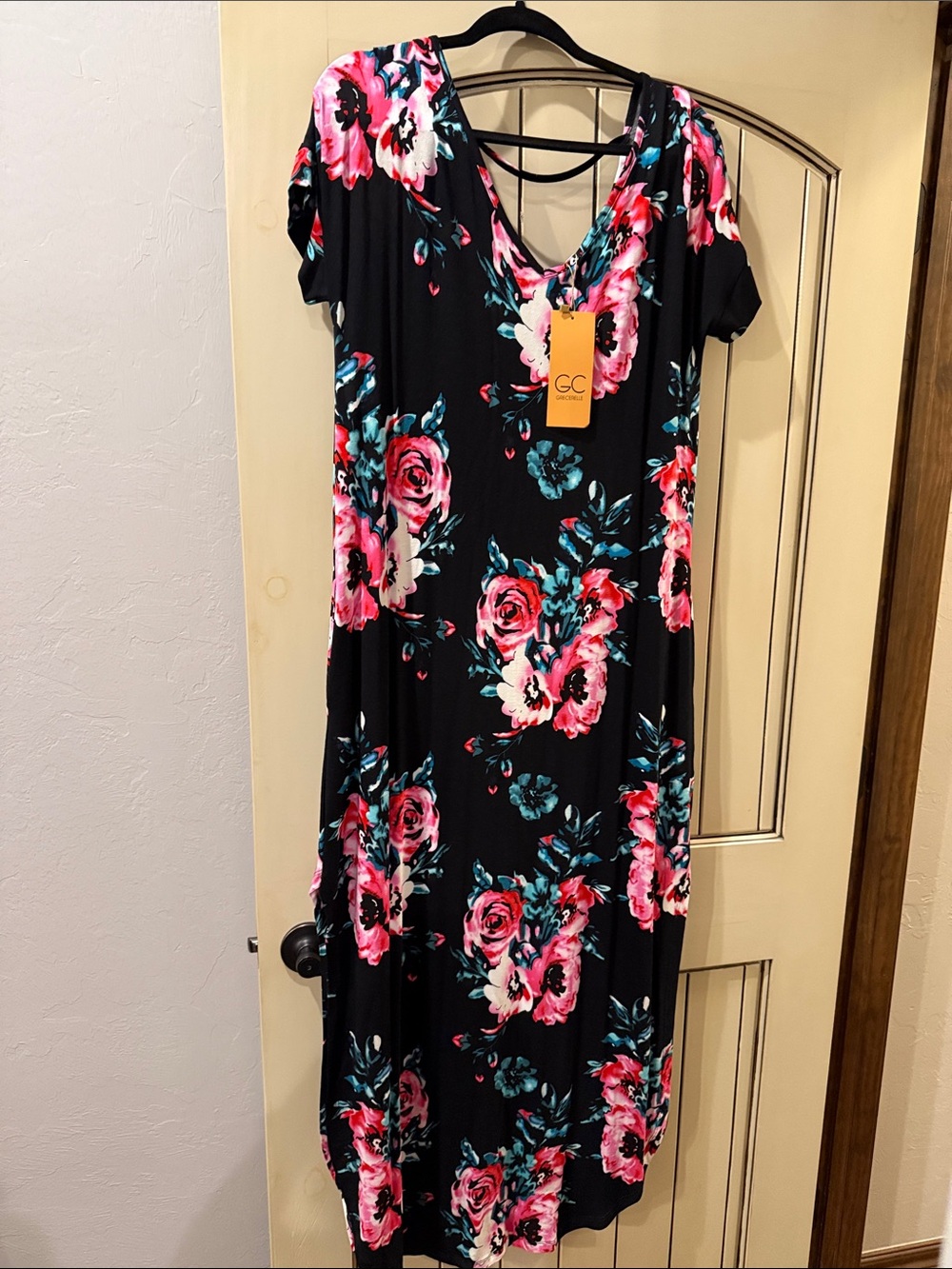 Grecerelle Black Maxi Dress with Pink & Teal Floral Print